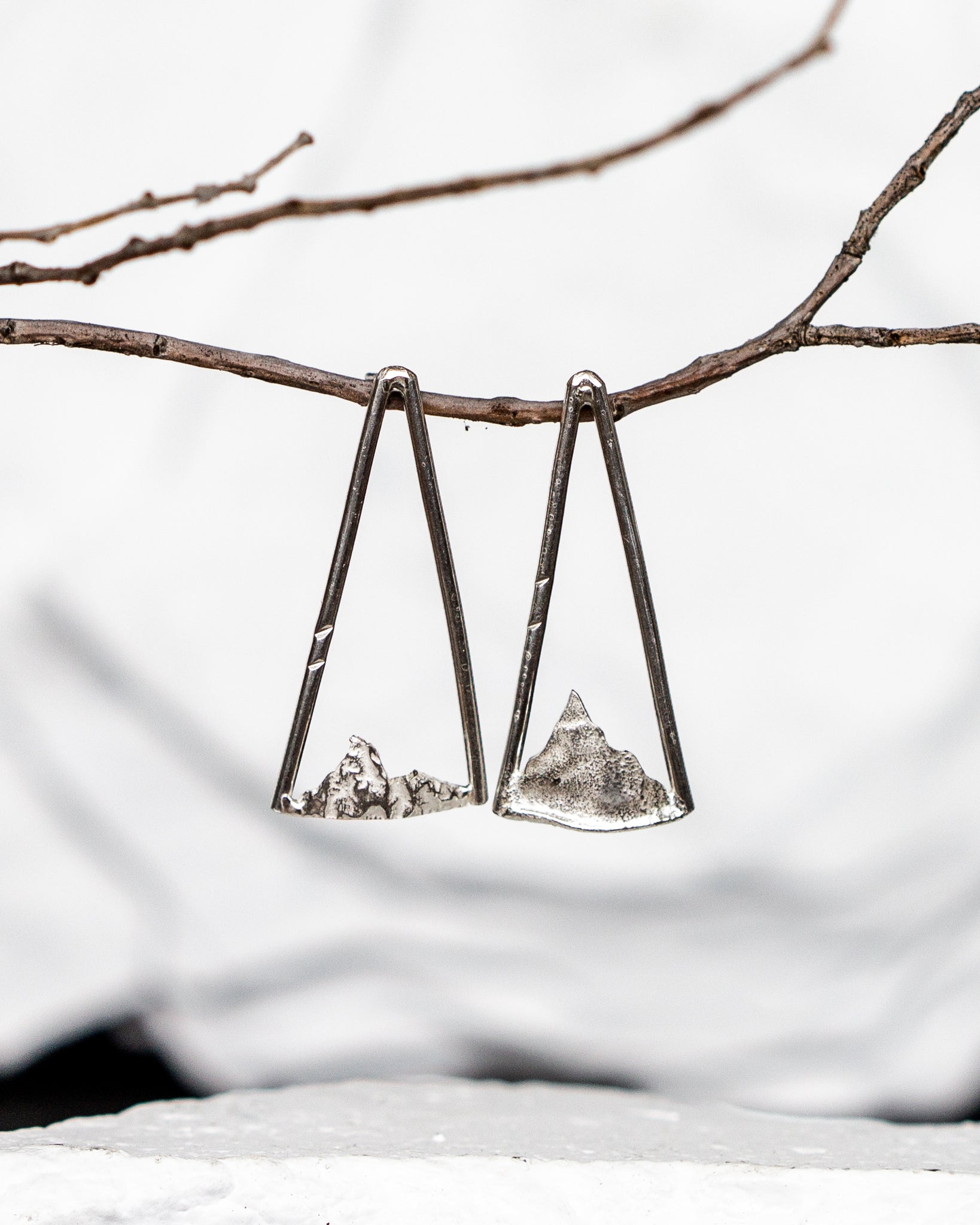 Reticulated silver and Sterling silver mountain earrings